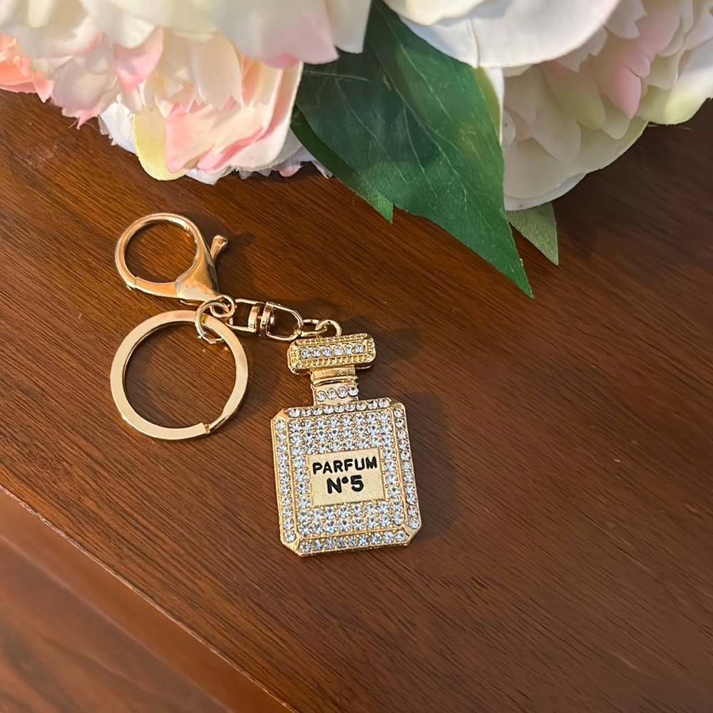 Perfume Bottle ClearWhite/Gold Bag Charm/Keychain - Picture 3 of 10
